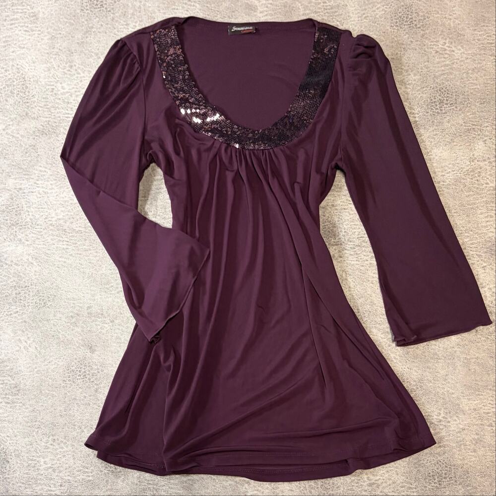 Plum Sequin Trim Quarter Sleeve Blouse